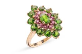 A chrome diopside and garnet cluster ring in 9ct yellow gold, the navette-shaped cluster centred wit