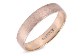 A wedding band, with a plain polished band in white metal, bearing Israeli hallmark for 14ct, size Y