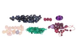 A collection of loose gemstones; to include opal cabochons, oval-cut sapphires, square step-cut emer