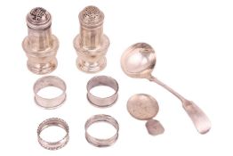 A small group of silver items, including a pair of George I style 