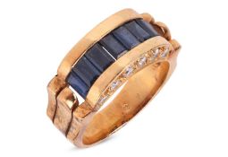 A sapphire and diamond dress ring, consisting of eight baguette-cut sapphires, channel set in a yell