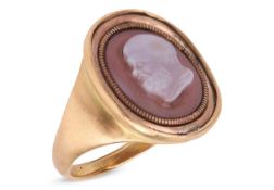 A carved agate cameo ring, depicting the side profile of Socrates, in a conforming mount leading to 