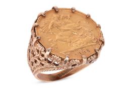 An Edward VII 1902 half sovereign in 9ct gold ring mount, of scrolled foliate design with twisted ca