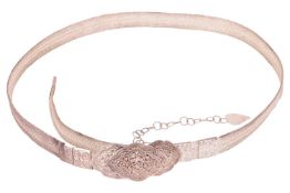 A probably Balkan/Ottoman embossed and woven silver Kollan belt with an adjustable hook buckle, over