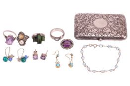 A group of jewellery items and a silver cigarette case; The cigarette case of curved form, with foli