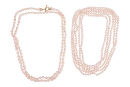 Two opera-length cultured pearl necklaces; the first featuring oval-shaped cultured pearls of approx