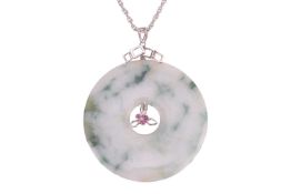 A jade pendant on chain, comprising a large jadeite bi disc, of mottled green on a bluish white grou