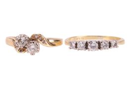 Two rings; comprising a diamond-set crossover ring, in an 18ct yellow gold mount, size L1/2, togethe