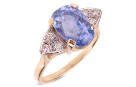 An unheated colour-change Ceylon sapphire solitaire ring, featuring an oval-cut sapphire of medium p