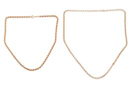 Two 9ct gold necklaces; the first one comprising a series of belcher links, completed with spring-ri