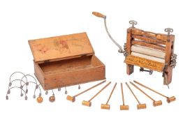 A rare American 'Bailey Wringer Co. No. 10' wooden toy mangle, with twin linen covered rollers and i