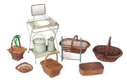 A collection of early 20th century children's toys, to include a folding wash stand, kitchen pan and