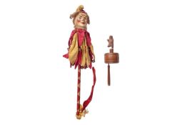 An early 20th century Marotte doll, modelled as a jester with bells, 46 cm, together with a carved w