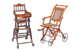An Edwardian beech child's pushchair, folding with cane seat and back, on spoked wheels, 88 cm x 43 