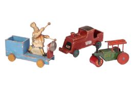 An early 20th century Chad Valley wooden 'Pat-a-Cake Bakers Man' pull-along musical toy, with the lo