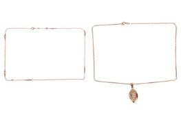 A 9ct gold Charles Rennie Mackintosh style pendant on chain, featuring a navette-shaped pendant with