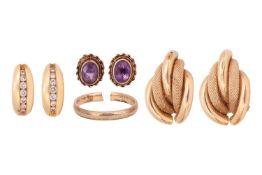A group of jewellery items; The first a pair of amethyst ear studs, each featuring an oval amethyst 