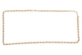 A long fancy Figaro link necklace, completed with a lobster clasp, yellow metal marked '750', overal