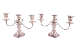 A pair of 20th-century three-sconce silver on copper candelabra on spreading beaded bases. 30 cm wid
