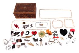 A box of costume jewellery, including a quantity of vintage acrylic and paste-set brooches, with exa