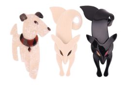 Three Lea Stein acrylic brooches; to include two in the shape of a fox, one of striped cream acrylic