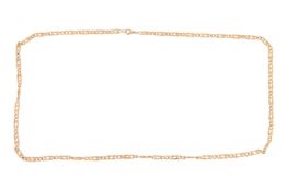 A long fancy curb link chain, completed with a lobster clasp, yellow metal marked '750', overall len
