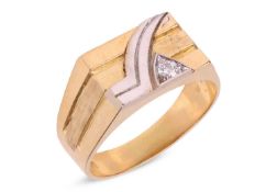 A diamond-set two-toned dress ring, the rectangular ring head centred with a recessed band, with a r