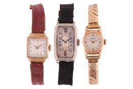 Three Watches; The first a 9ct gold watch, in a square case with stepped lugs, measuring 16mm x 16mm