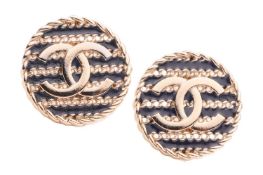 Chanel - a pair of stud earrings, with interlocked double C logo, to a striped navy enamel and chain