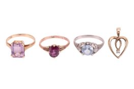 Three gem-set rings and a heart pendant; to include an Italian synthetic spinel and white sapphrie d