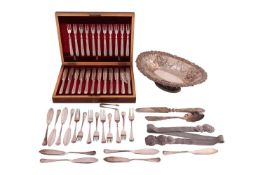 A cased set of twelve silver plate fruit knives and forks, with one fork missing, together with a si