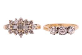 Two rings, comprising a diamond cluster ring, set with baguette-cut and round brilliant diamonds, in
