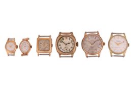 A group of six gold-plated watch faces, to include examples by Bulova, Oris and Allaine.No long-term