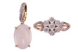 A precious opal and diamond-set pendant, the oval cabochon opal measuring approximately 14mm x 10mm,