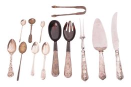 A small group of mixed silver flatware, to include a silver-handled carving set, a pair of Oriental 
