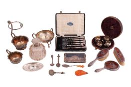 A mixed group of silver and silver plate items; comprising a cased silver cruet set, a cased set of 