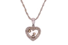 A diamond-set heart pendant, comprising a heart-shaped pendant diamond-set surround, centred with gl