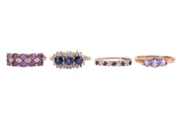 Four 9ct gold gem-set rings, the first featuring amethyst and cubic zirconia, size L 1/2; The second