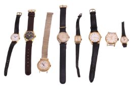 A group of eight gold-plated watches; to include a Buler Antimagnetic watch face, an unsigned quartz