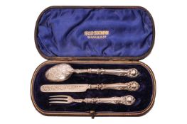 A cased three-piece silver christening set, by Hilliard & Thomason, Birmingham 1894, 1896, compr