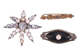 Three gem-set brooches; to include an Edwardian bar brooch set with a blue paste and diamond points,