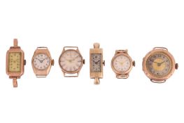 A group of six watches; The first a 9ct wristwatch, case measuring 13mm x 22mm, Swiss 15-jewel manua