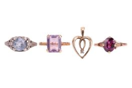 Three gem-set rings and a heart pendant; to include an Italian synthetic spinel and white sapphire d