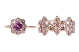 Two rings; comprising a diamond-set floral ring, composed of three flower motifs, each set with roun