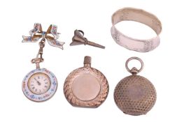 An enamel fob watch on bow brooch, with polychromatic enamel floral pattern, the reverse painted wit