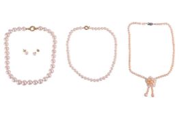 A small group of pearl-set jewellery items, comprising three cultured freshwater pearl necklaces, wi