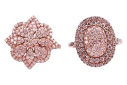 Two diamond-set rings, the first of floral design, in a 9ct rose gold mount, size O, together with a