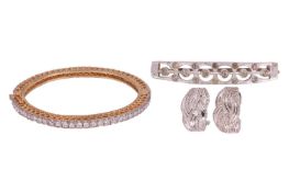 A collection of jewellery, 1st) the earrings of weaving and pierced design, set throughout with bril