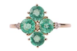 An emerald-set ring, composed of four round-cut emeralds, claw-set in a quatrefoil design, accented 