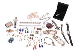 A group lot of fine and costume jewellery; to include a pair of gem-set floral cluster earrings in 9